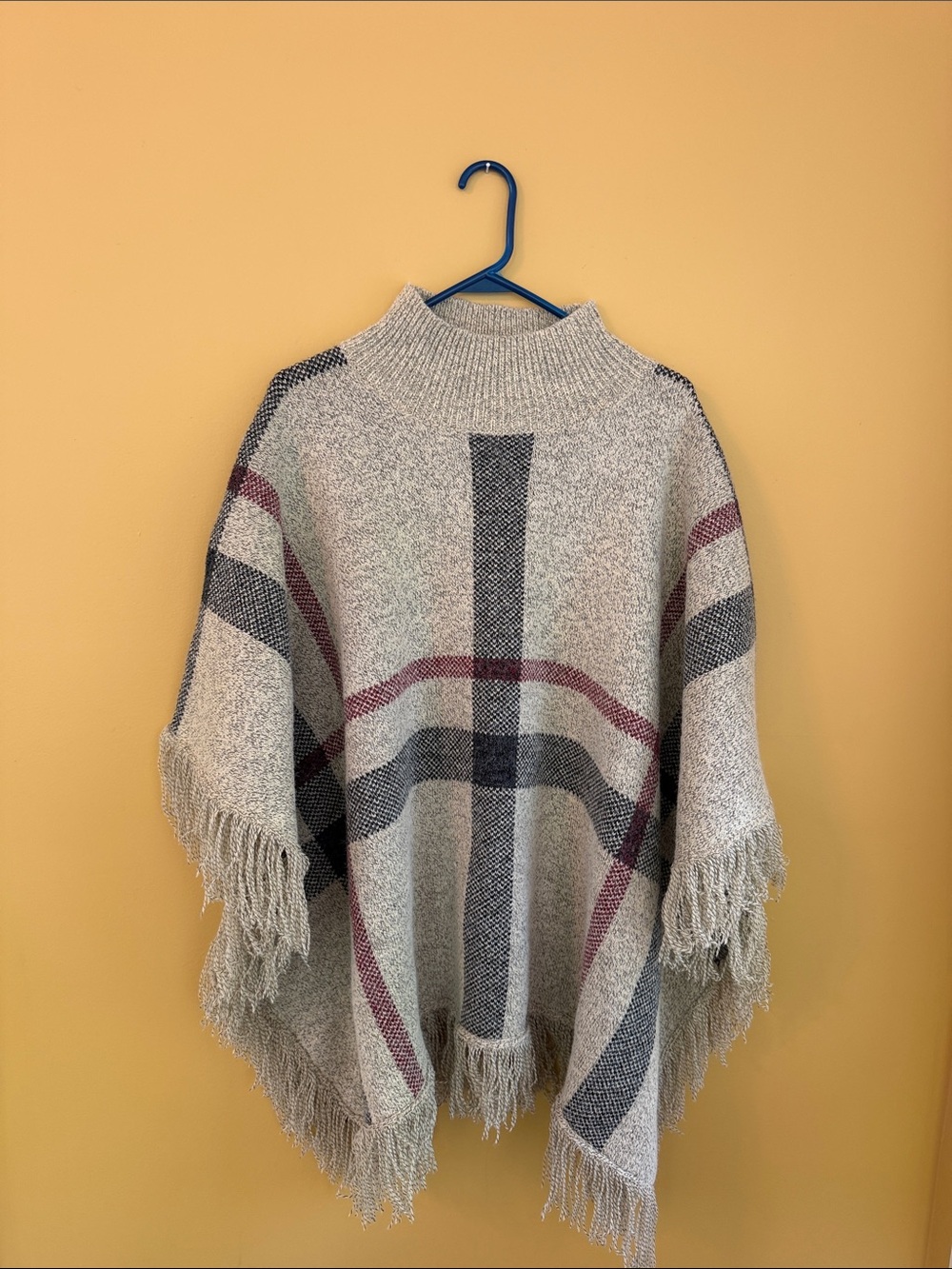 DAVI & DANI Cream Plaid Fringe Poncho with Gray & Burgundy Stripes